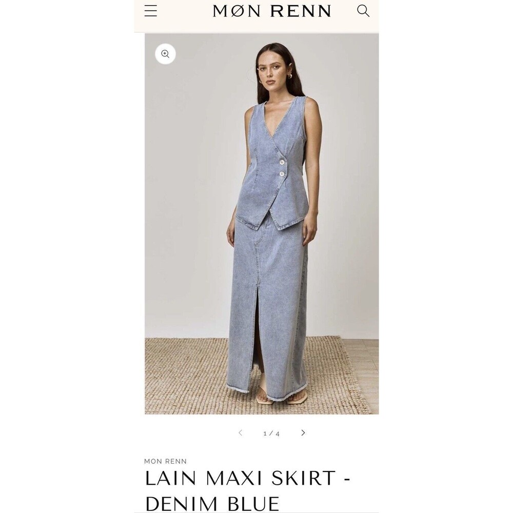 Anthropologie MON Renn LAIN Denim Maxi SKIRT Front Center Split Y2K Skater Sz‎ S